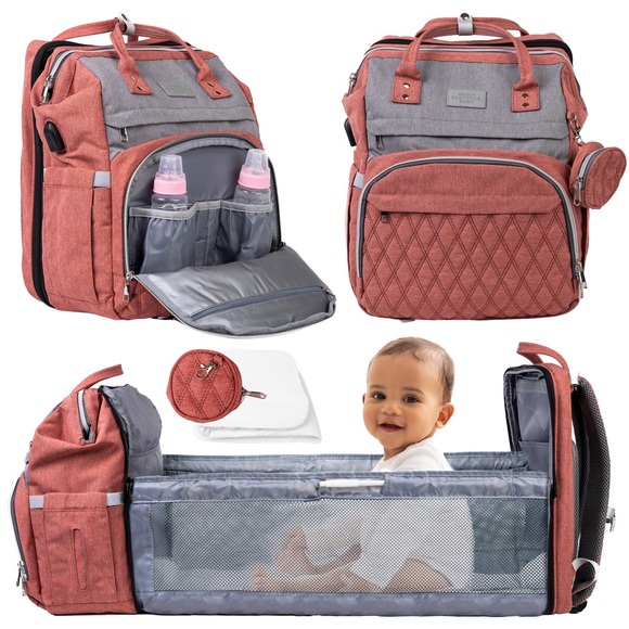 3In 1 Baby Diaper Bag Backpack with Changing Station/ Bassinet (Unisex) Pink.